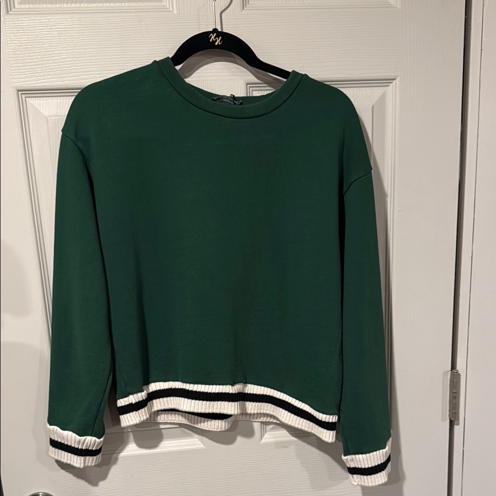 Zara Green Sweater Cropped Striped Hem Sporty Pullover Size M